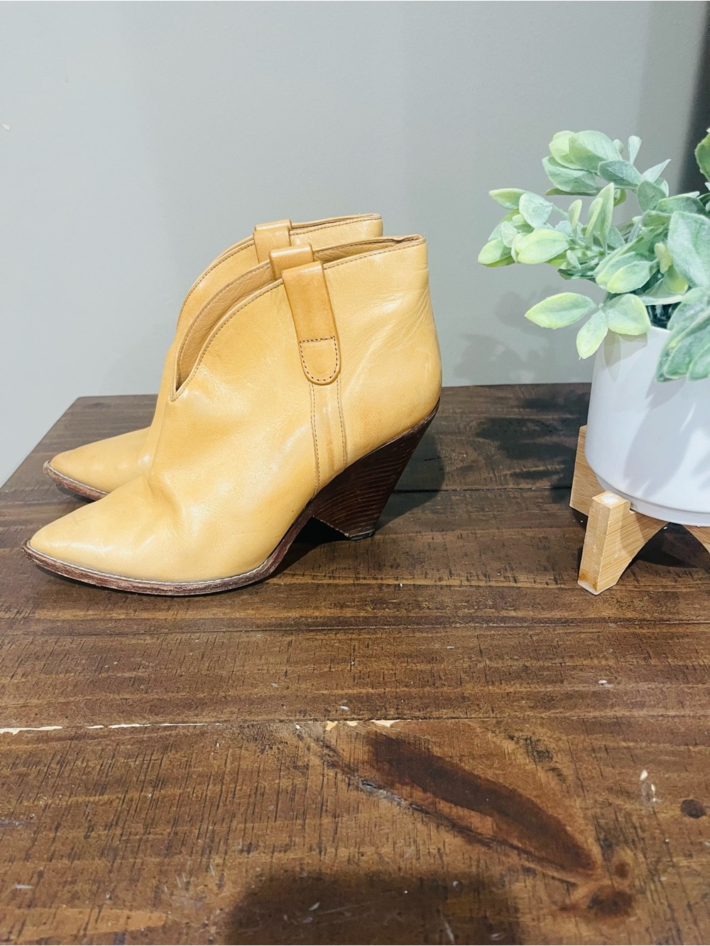 Isabel Marant Camel Leather Pointed Ankle Booties with Wedge Heel